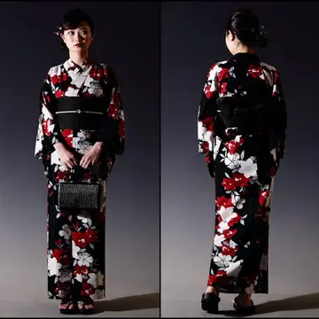 여성용 유카타 세트 오비 머리 장식 비녀 세트 꽃무늬 면 블랙 꽃무늬 여름