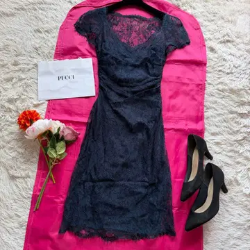[새상품급] EMILIO PUCCI 전체 레이스 원피스 네이비 반팔 무릎 기장