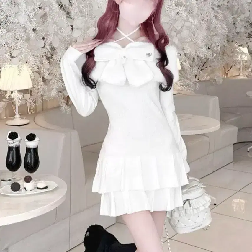 허니뮤 빅 리본 크로스 화이트 오프숄더 원피스 미셸마카롱 스나계 양산형