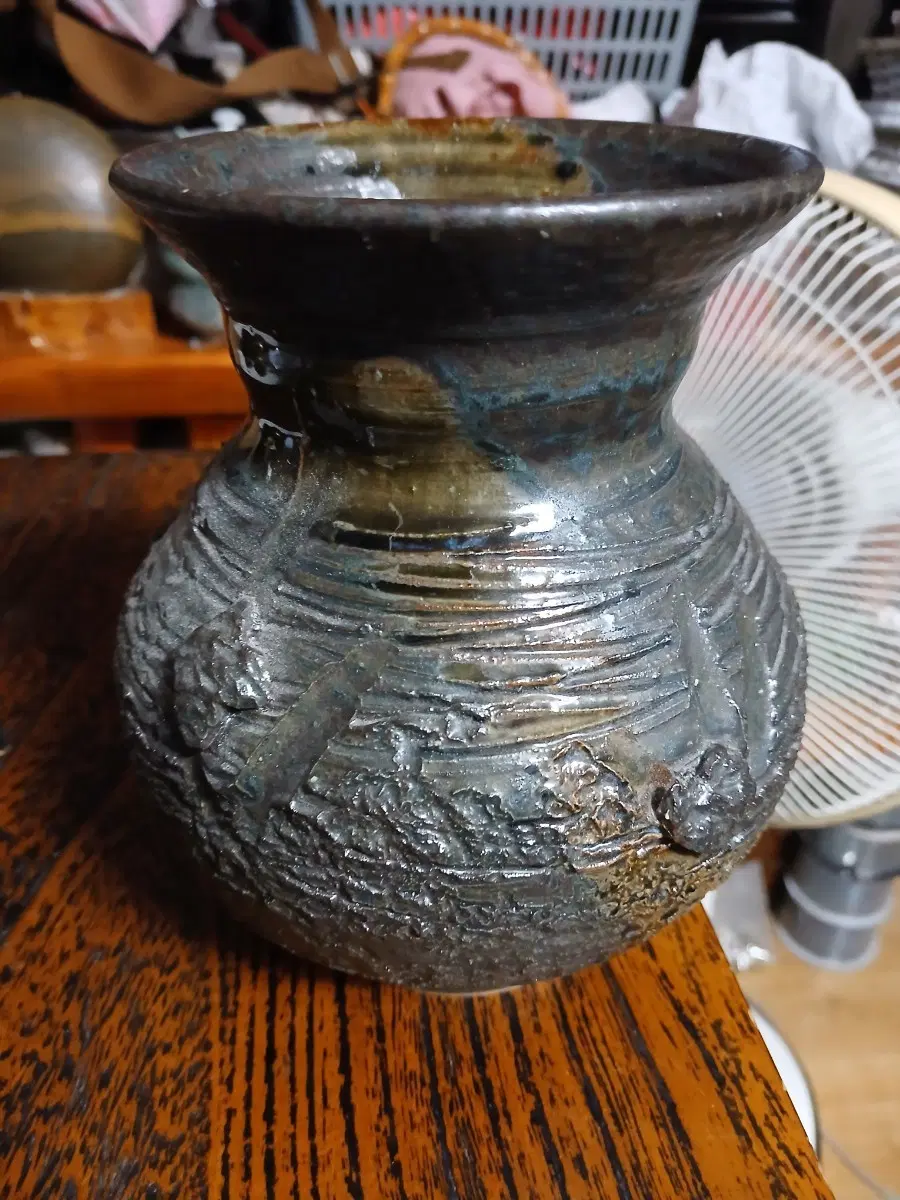 앤틱 도자기 화병 칠흑색 빈티지 소장품