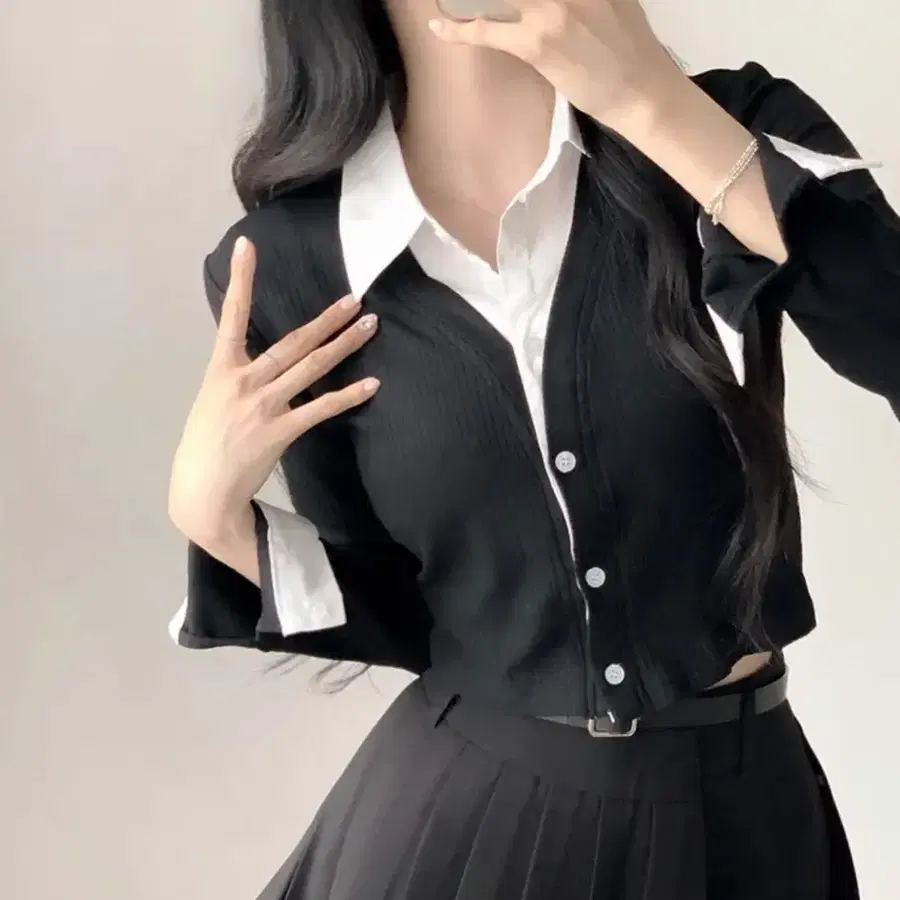 에이블리 배색 카라 셔츠 니트 레이어드 크롭 가디건