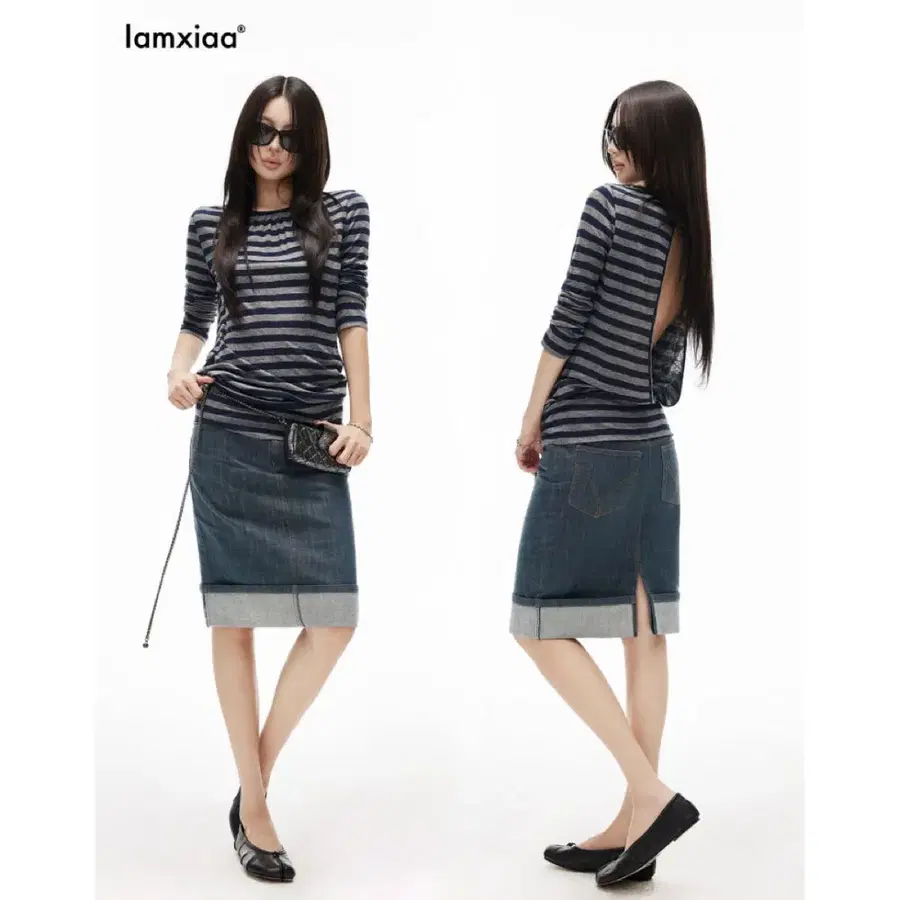 IAMXIAA 아엠시아 티셔츠 긴팔티 러플 라운드넥 탑 컷아웃 백리스 스트라이프 긴팔티