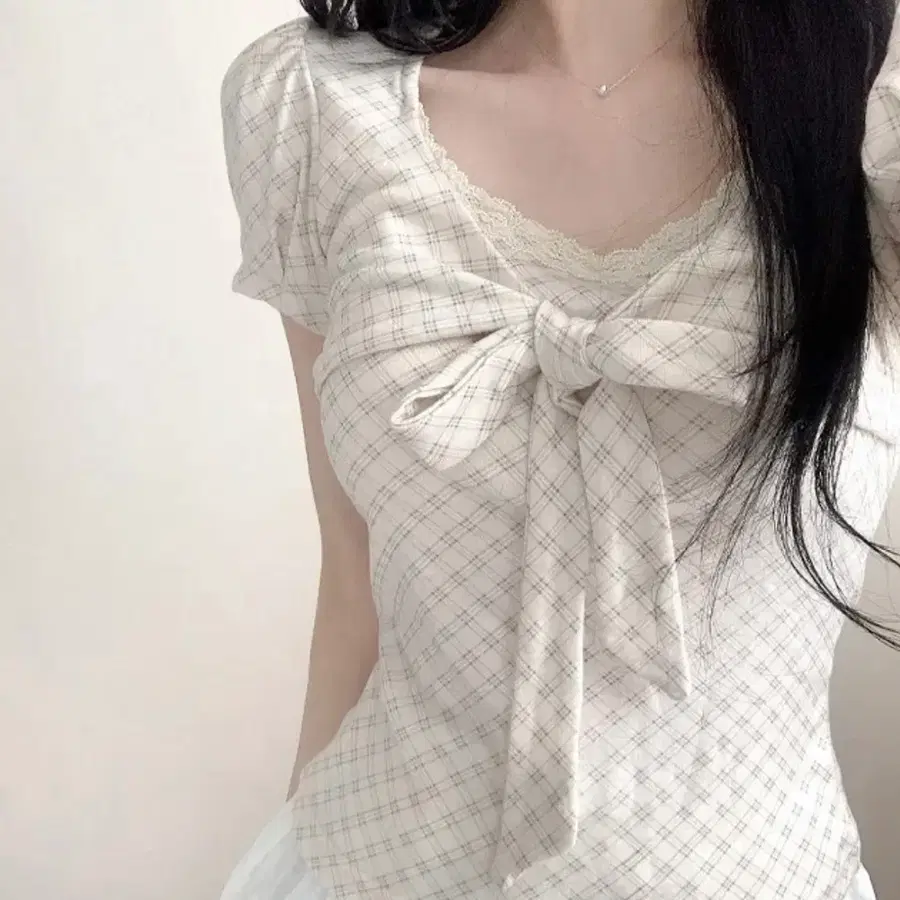 에이블리 체크 리본 블라우스 반팔 티셔츠