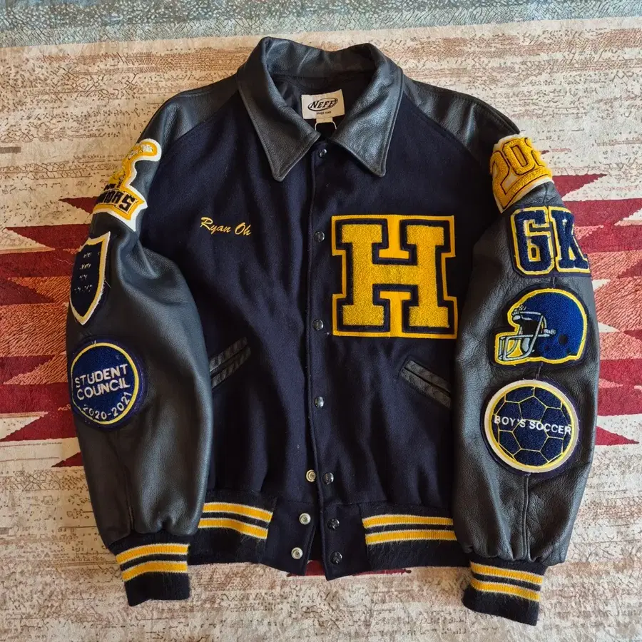 NEFF SINCE 1949 빈티지 멀티 패치 배색 가죽 야구점퍼 바시티자켓 L(100)
