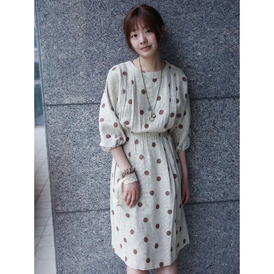 일본빈티지 베이지 도트 러블리 반팔 원피스