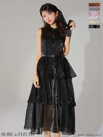 ROBE de FLEURS 도트 무늬 티어드 미디 드레스