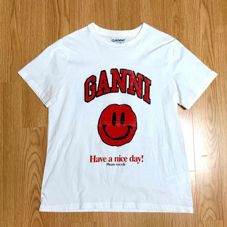 GANNI 가니 화이트 오가닉 코튼 스마일 티셔츠