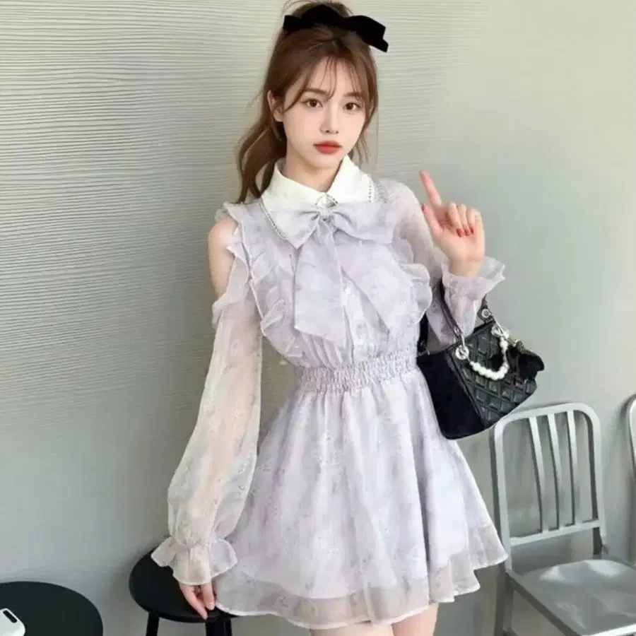 로리타 양산형 큐티 프릴 스나계 플라워 꽃 레이스 리본 카라 오프숄더 퍼프 미니 원피스 DR-61