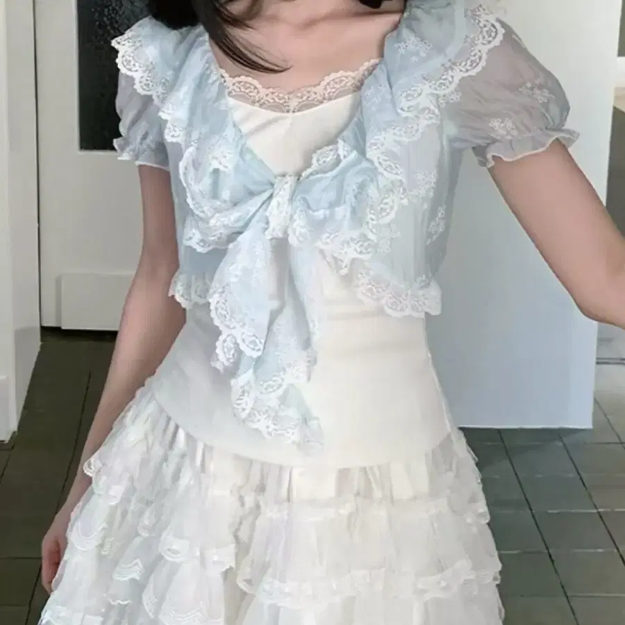 원가이하 소라색 레이스 프릴 볼레로 가디건 일체형 fairycore 일본 달천깔 공주룩 해파리룩 coquette 발레코어