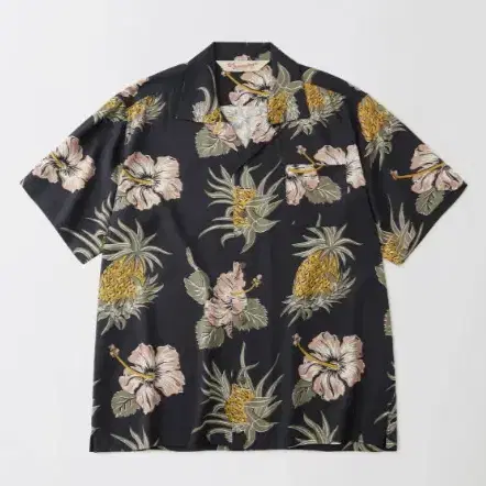 아웃스탠딩 HAWAIIAN OPEN COLLAR HALF SHIRT HIBISCUS_BLACK