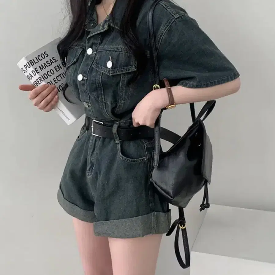 청 데님 반팔 점프수트