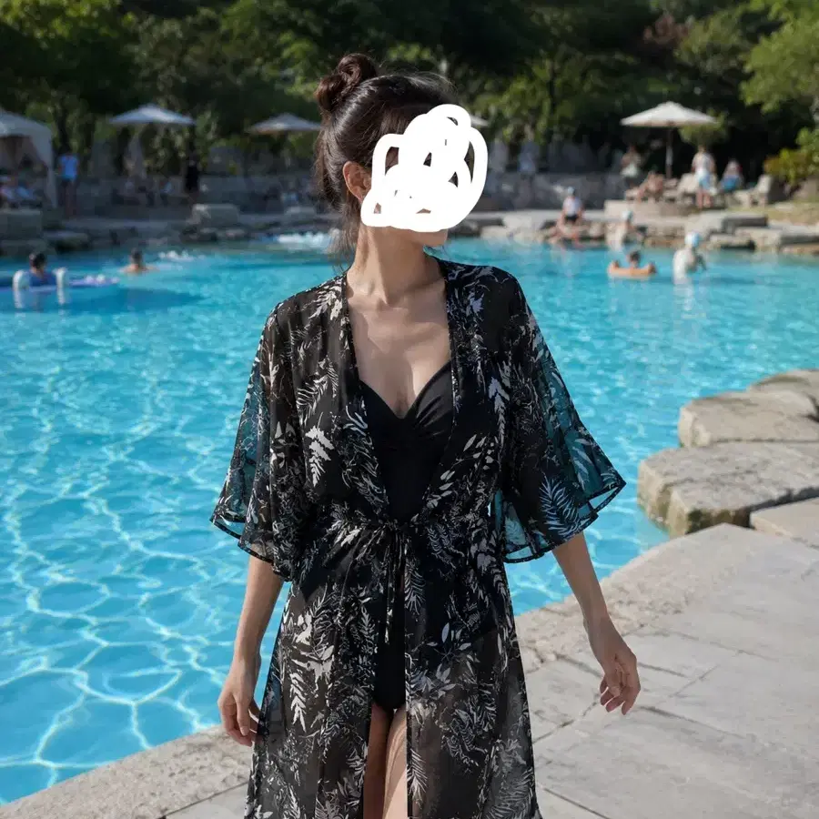 나뭇잎 패턴 시스루 롱 로브 비치웨어 가디건 (T58)