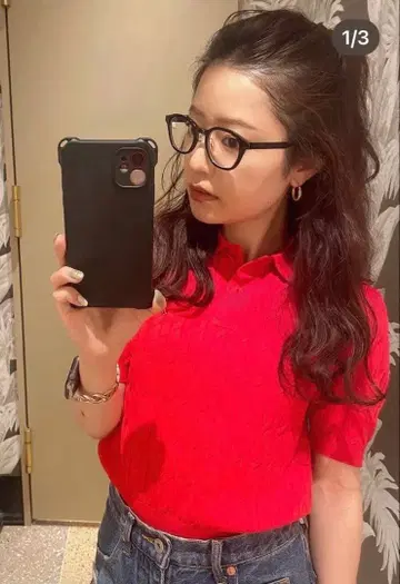 릴리 브라운 베어 자수 피케 셔츠 빨간색