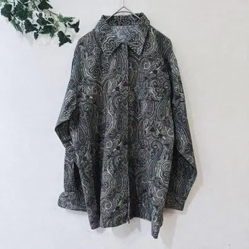 [ 9R ] M 상당 일본제 페이즐리 무늬 블라우스 짙은 녹색 폴리에스테르 80s90s 레트로