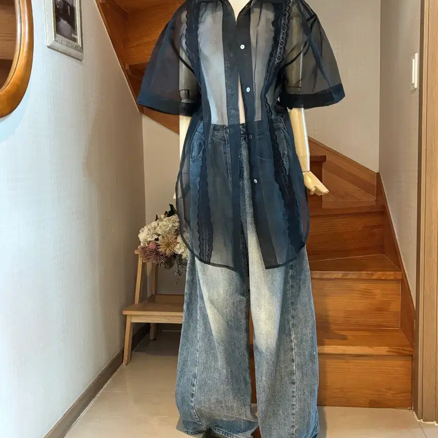 시스루 레이스 롱 오간자 셔츠