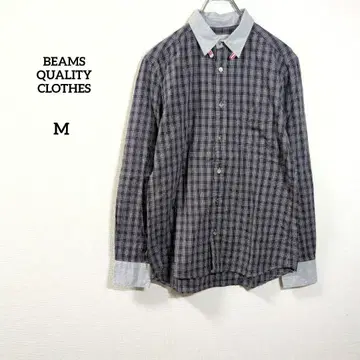 BEAMS 긴팔 체크 셔츠 M 그레이 면 100% 가슴 포켓 절개 옷깃