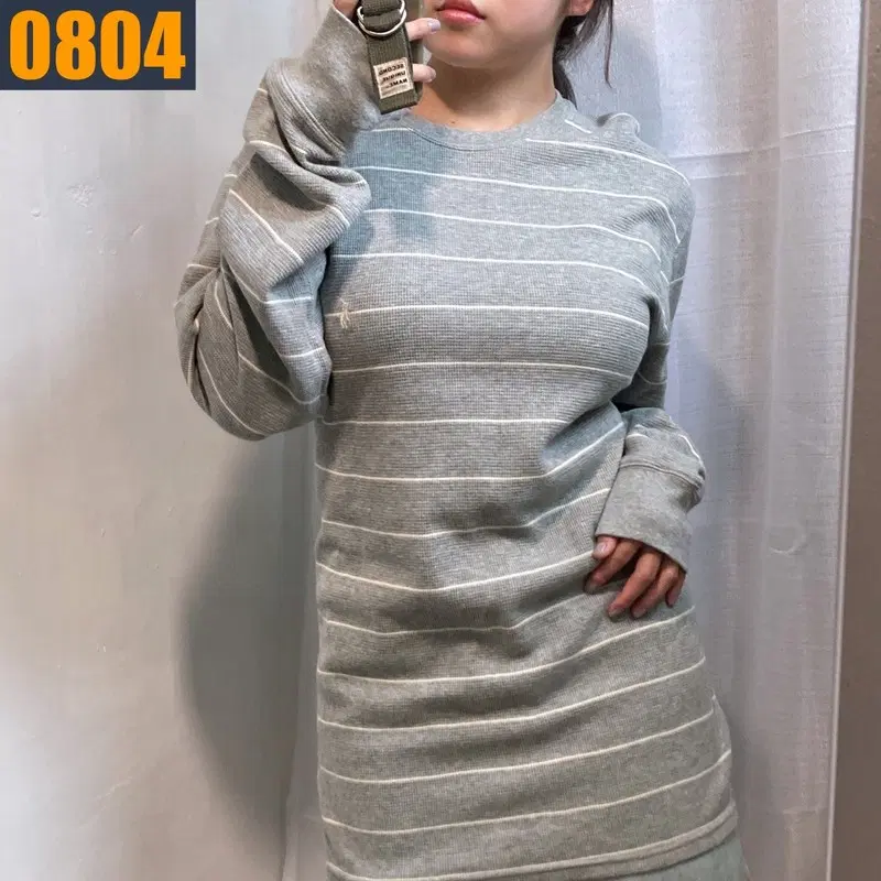 100 POLO 폴로 랄프로렌 와플 패턴 회색 단가라 긴팔 티셔츠