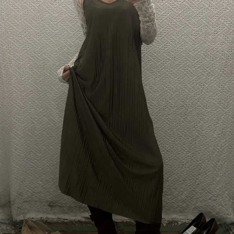 빈티지 재팬 말차카키 모리 시어 플리츠 여름 나시 롱원피스 K0544