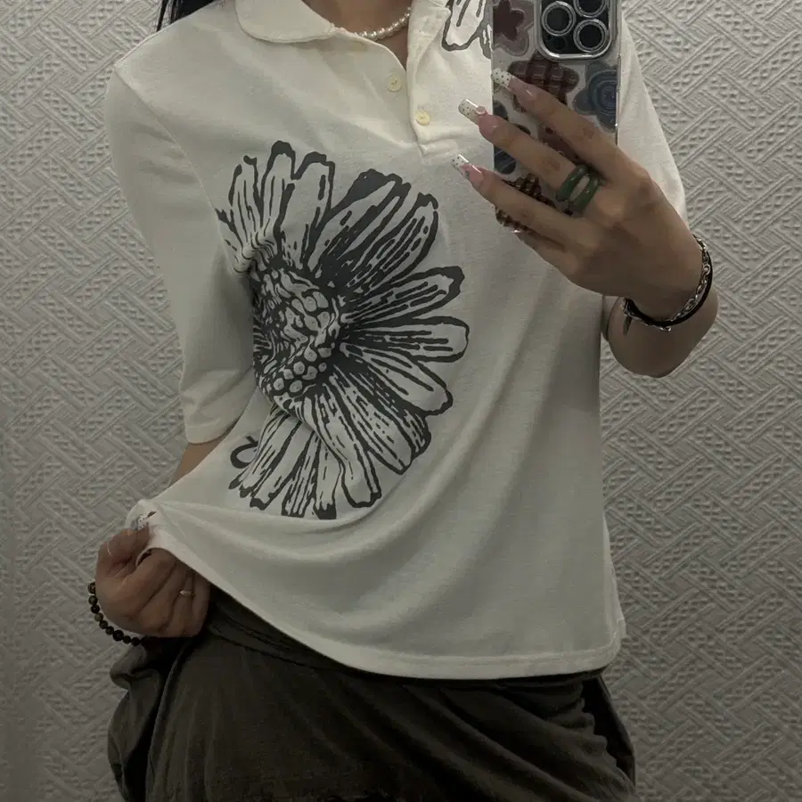 빈티지 캐주얼 키치 플라워패턴 큐빅 반팔 카라티 K0548