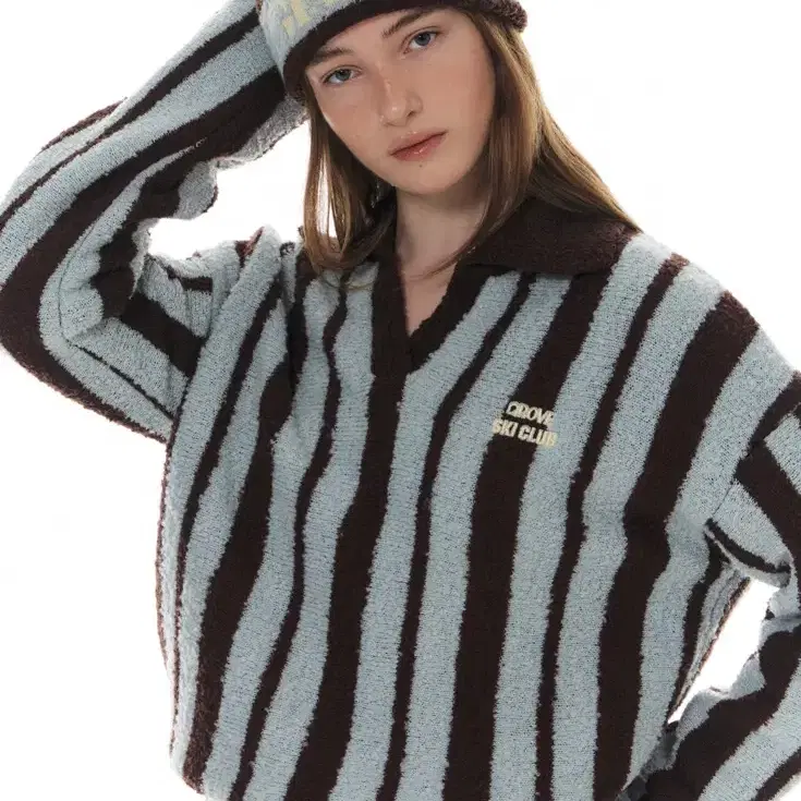 [새 상품]그로브(GROVE) MOLLING STRIPE COLLAR KNIT(Brown)