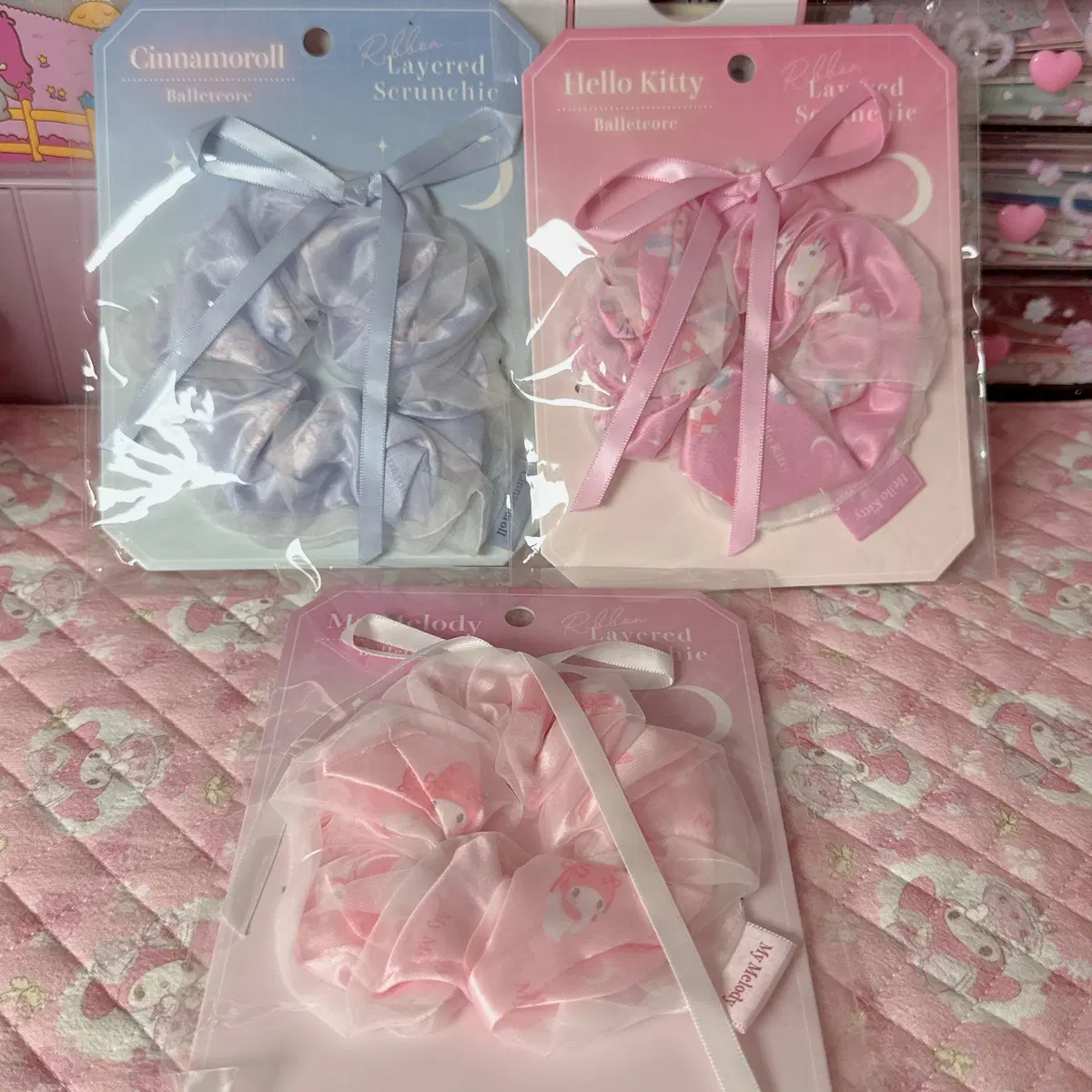 산리오 헤어스크런치 곱창머리끈 발레코어 시나모롤 키티 마이멜로디 리본