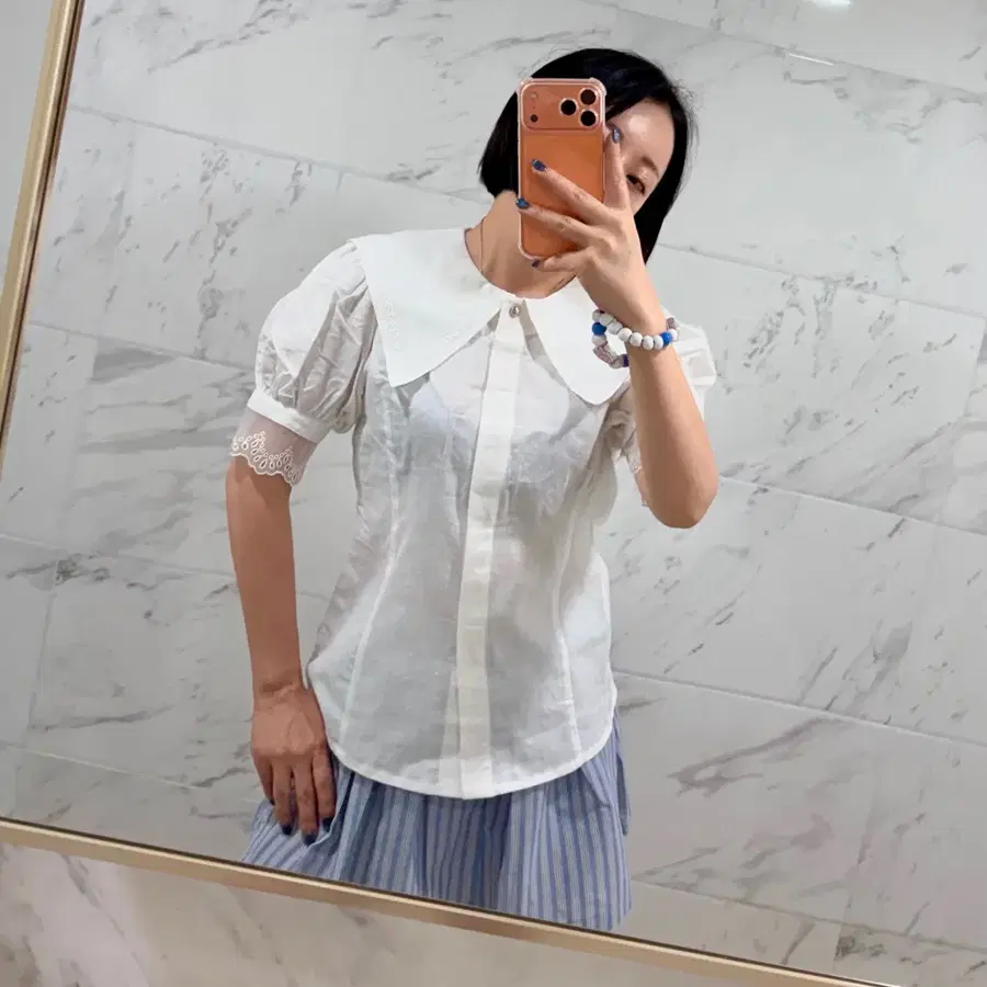 js뉴욕스타일세일(당일발송)빅카라 포인트 레이스 퍼프소매 린넨 블라우스