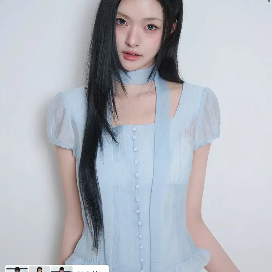 일리고 리본 타이 스퀘어넥 블라우스 블루