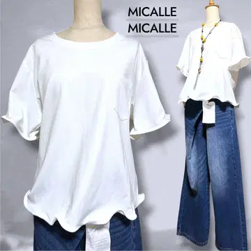 택 포함 새상품 MICALLE MICALLE 밑단 프릴 포켓 T셔츠 화이트