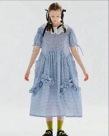 깅엄 체크 반팔 원피스 프릴 옷깃