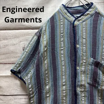Engineered Garments 스트라이프 패턴 스탠드 카라 반팔 셔츠