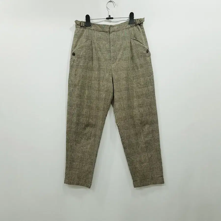 R876 JPN 빈티지 체크 패턴 스판 린넨 마 9부 바지 여M