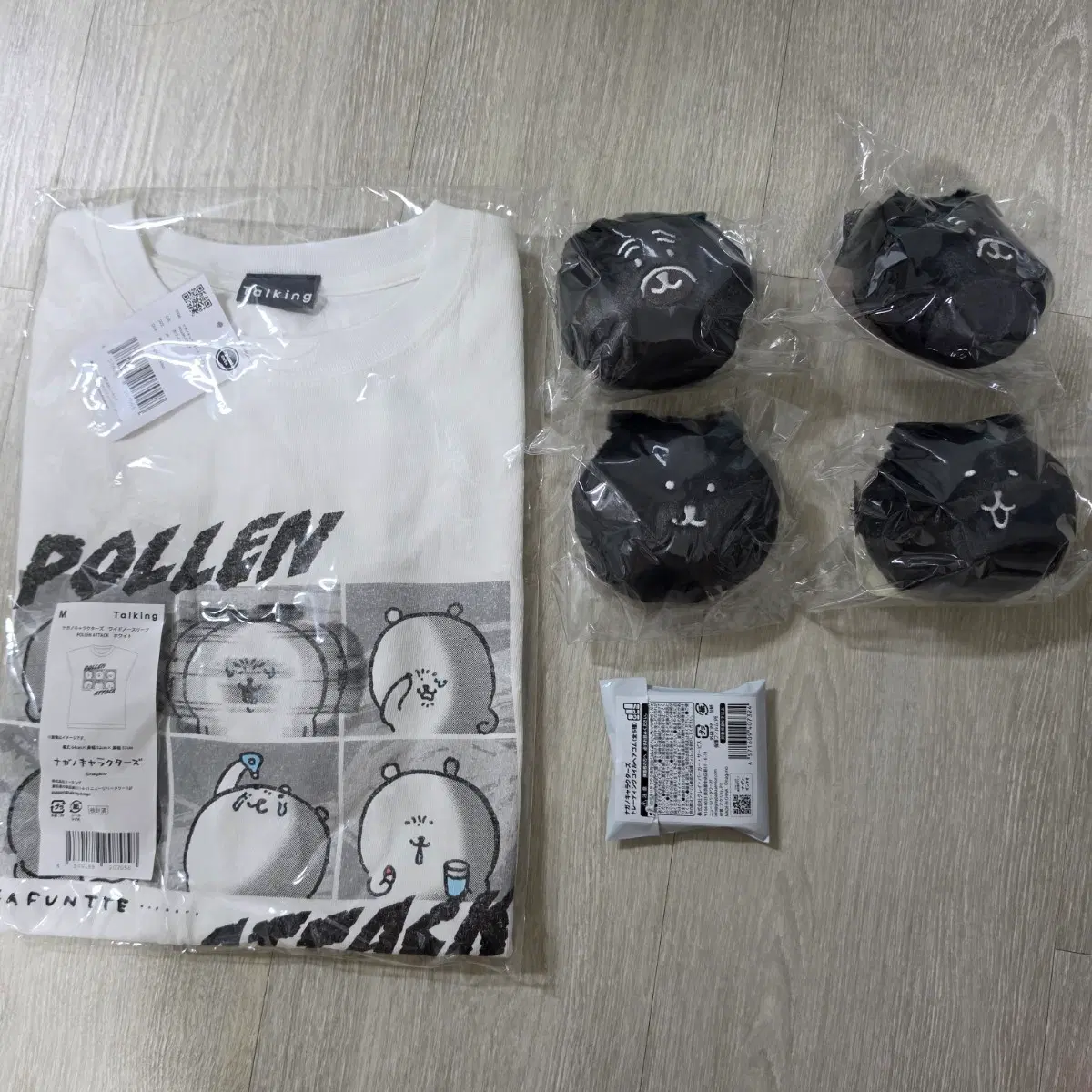 농담곰 판매 (흑담곰 쿠지 E상 인형키링, pollen attack 티셔츠, 머리끈)