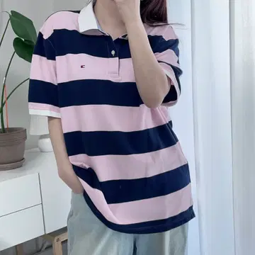타미 핑크 네이비 단가라 반팔카라티 [ XL ]