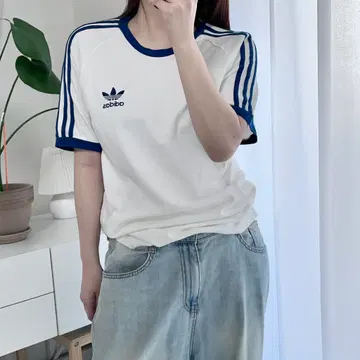아디다스 화이트 청록트레포일 삼선 반팔티  [ M ]