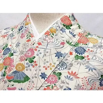 코몬 이중 기모노 크레이프 원단 물결무늬 국화 가을 풀 페일 베이지 154cm 전후