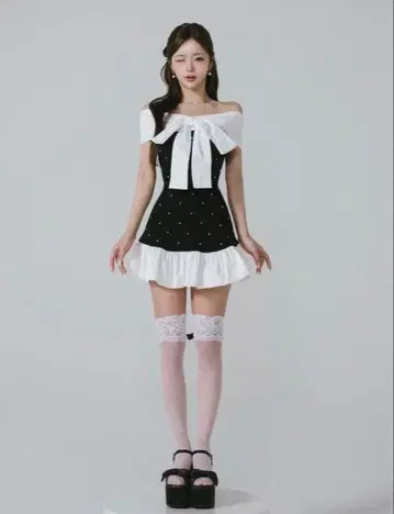 darich 펄 비쥬 오프숄더 프릴 니트 미니 원피스