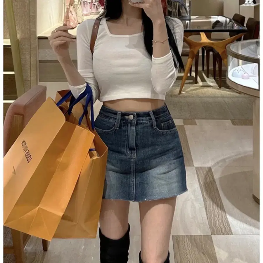 에이플 A+ 데님 미니 스커트 A라인 딥블루 xs 모디핏 청 치마