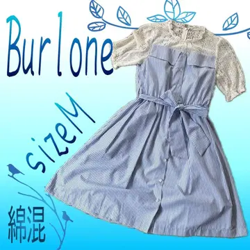 Burlone 블루 스트라이프 패턴 레이스 절개 반팔 원피스 M 면 혼방