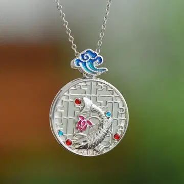 화전옥 칠보 세공 연꽃과 물고기 모티브 펜던트 목걸이