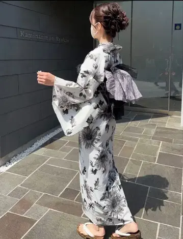 모노톤 해바라기 무늬 유카타 오비 세트