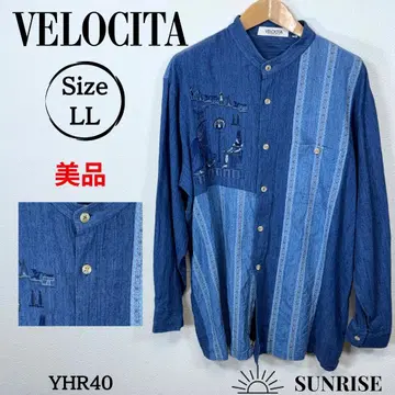 VELOCITA 자수 스탠드 카라 긴팔 셔츠 마 혼방 블루 LL