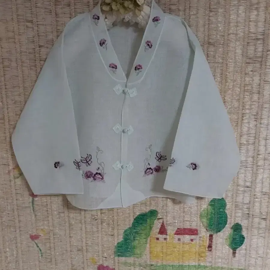 한복 저고리 민트색 꽃 자수