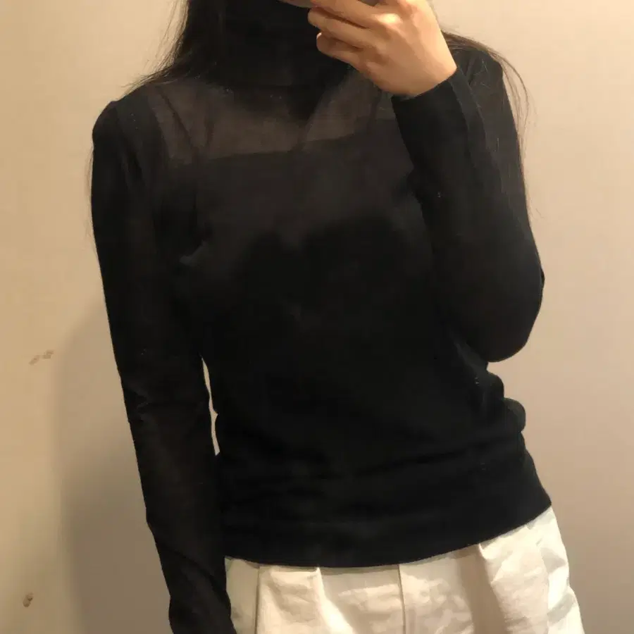 미샤 MICHAA 시스루 터틀넥 스퀘어넥 나시 레이어드 니트 블랙 검정 티셔츠