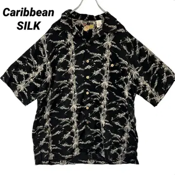 T-1721 Caribbean 알로하 셔츠 실크 혼방 파인애플 자수 L 블랙