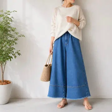URBAN RESEARCH 어반 리서치 프릴 허리 와이드 데님 팬츠 F