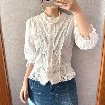 빈티지 레트로 구제 의류 컷워크 코튼 프릴 레이스 블라우스 화이트 반팔