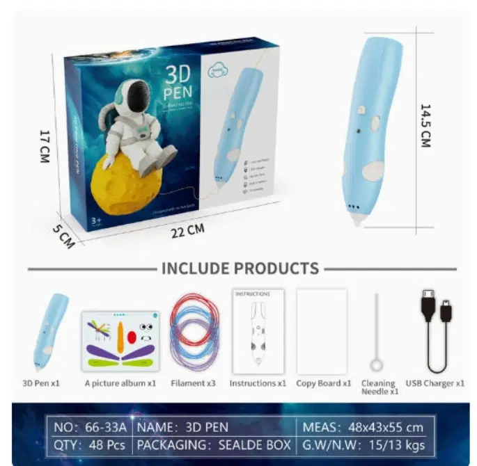 3D 펜 충전식 저온 3D 프린팅 펜 하늘색 KC인증 저온 무선 USB 충전 3D펜 고급 세트