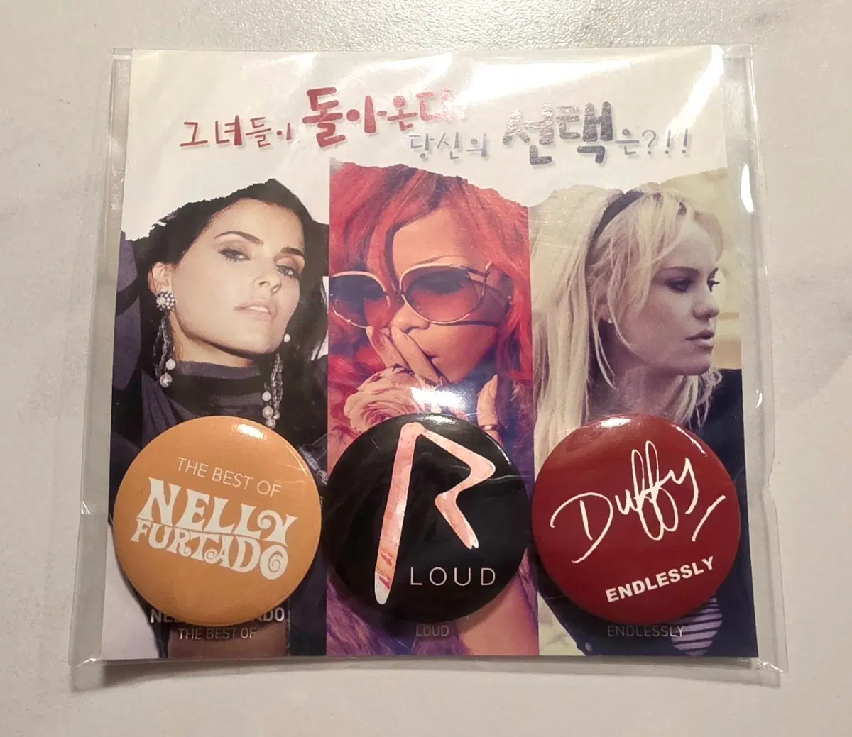 리하나 넬리 푸르타도 더피 굿즈 뱃지 3종 세트 리아나 Rihanna Nelly Furtado Duffy Badge Pin Set 리한나