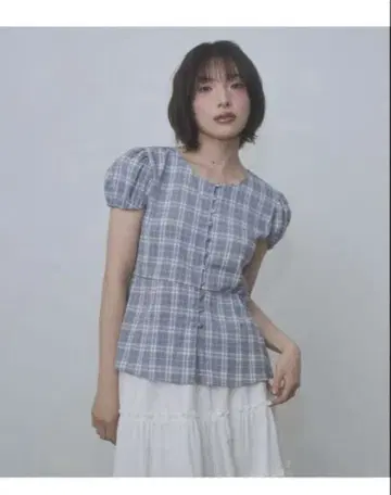 fekete 체크 퍼프 슬리브 블라우스 그레이쉬 블루