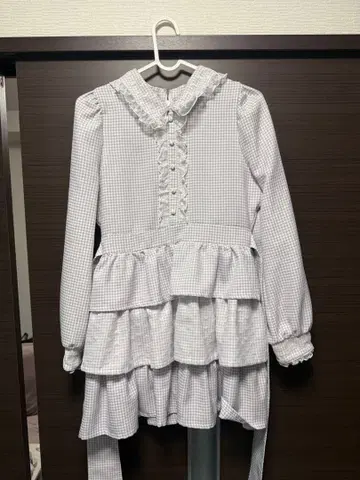 깅엄 체크 프릴 옷깃 긴팔 원피스